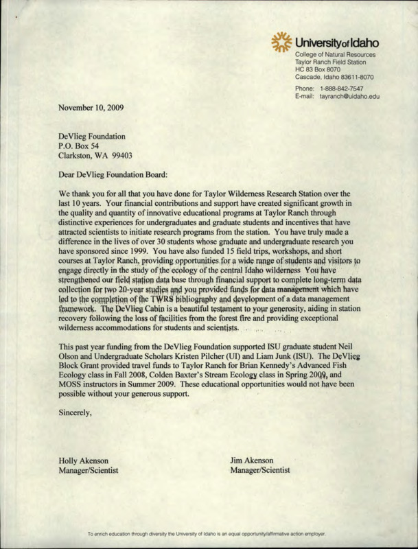 Letter of thanks from Holly and Jim Akenson to the DeVlieg Foundation board printed on University of Idaho letterhead.