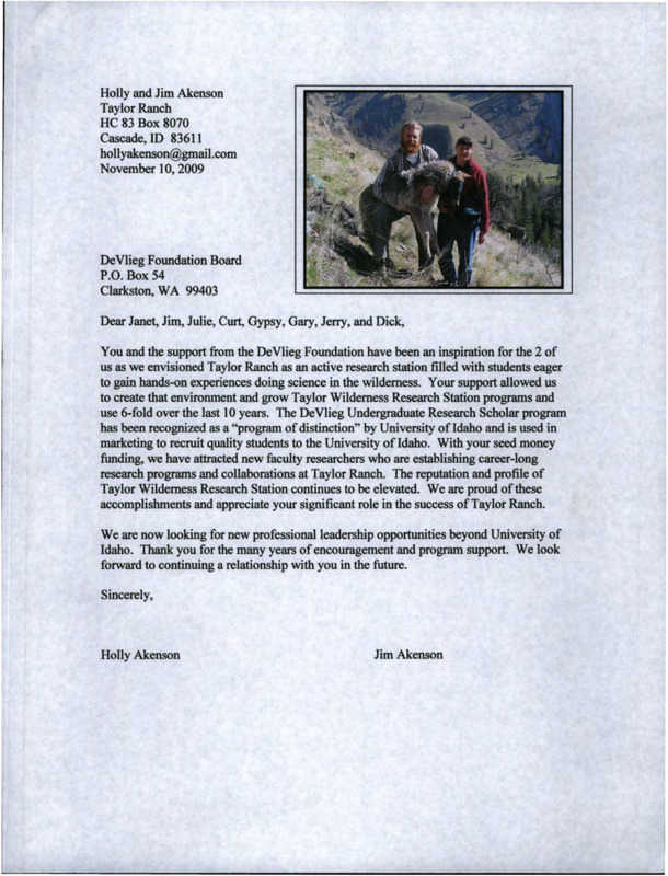 Letter of thanks from Holly and Jim Akenson to the DeVlieg Foundation board with a photo of Jim and Holly Akenson in the top right corner.