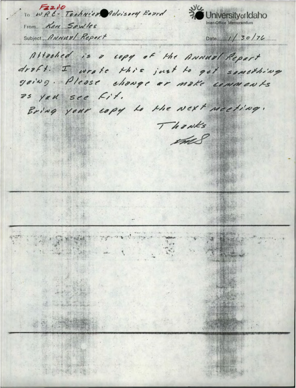 Handwritten memorandum attached to a copy of the annual report draft.