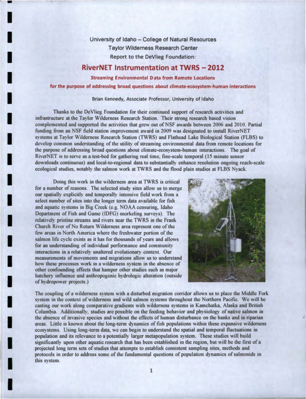 Report to the DeVlieg Foundation about Brian Kennedy's work at Taylor Wilderness Research Center.