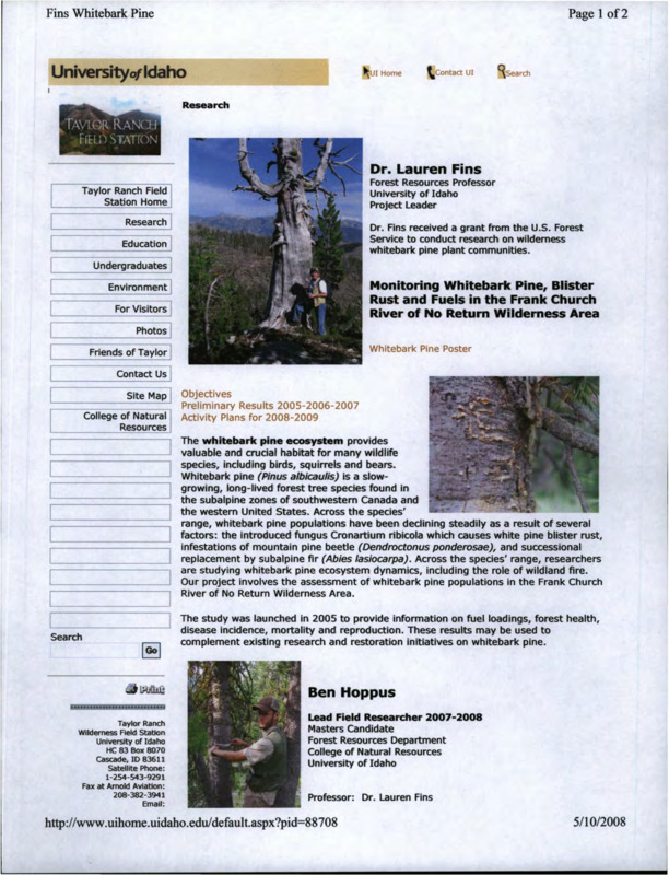 Various documents, reports, and printouts regarding whitebark pine monitoring research