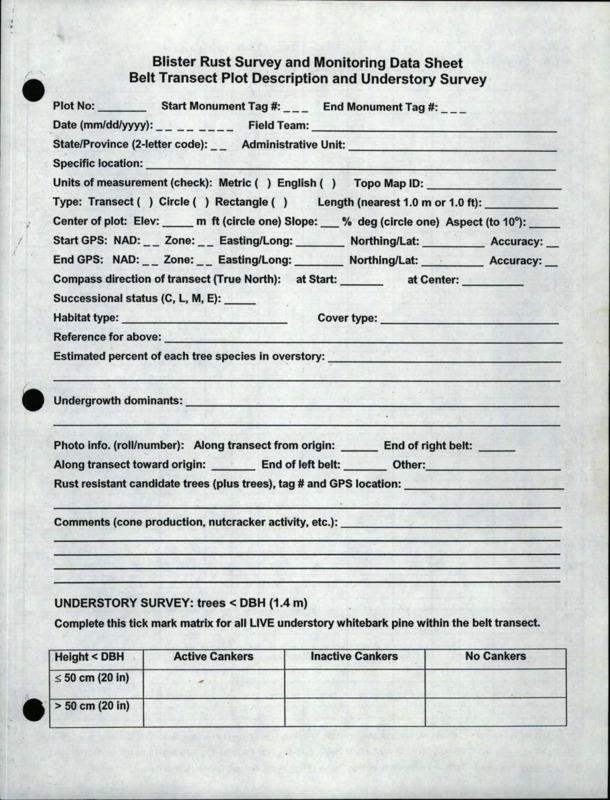 Data sheet, survey forms, handwritten notes, summary field sheet, and articles about blister rust on whitebark pine.