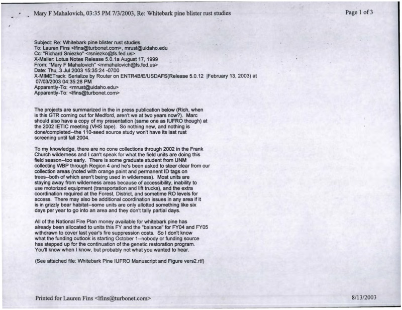 Email correspondence and whitebark pine project documentation related to whitebark pine blister rust research.