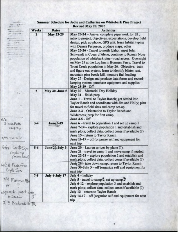 Schedule and calendar for whitebark pine project.