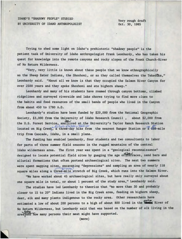 A draft of a paper on the Tukudika Native Americans in Idaho, primarily featuring an interview with archaeologist Frank Leonhardy.