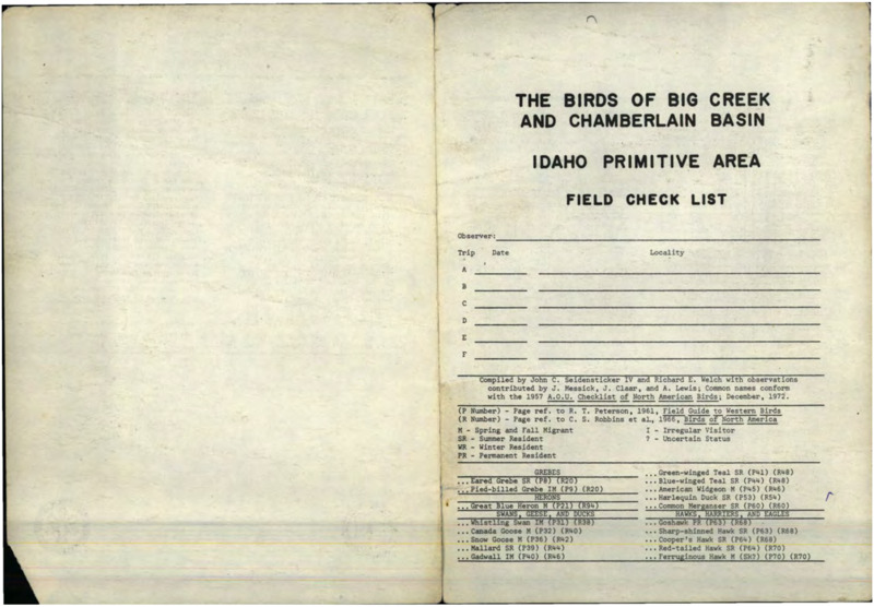 A checklist for bird observation which lists the known birds sighted in the Big Creek and Chamberlain Basin area, Idaho.