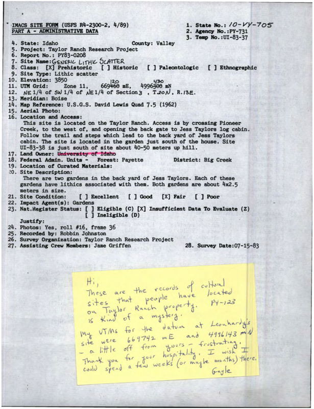 An Intermountain Antiquities Computer System (IMACS) site form for an archaeological site found on Taylor Ranch property.