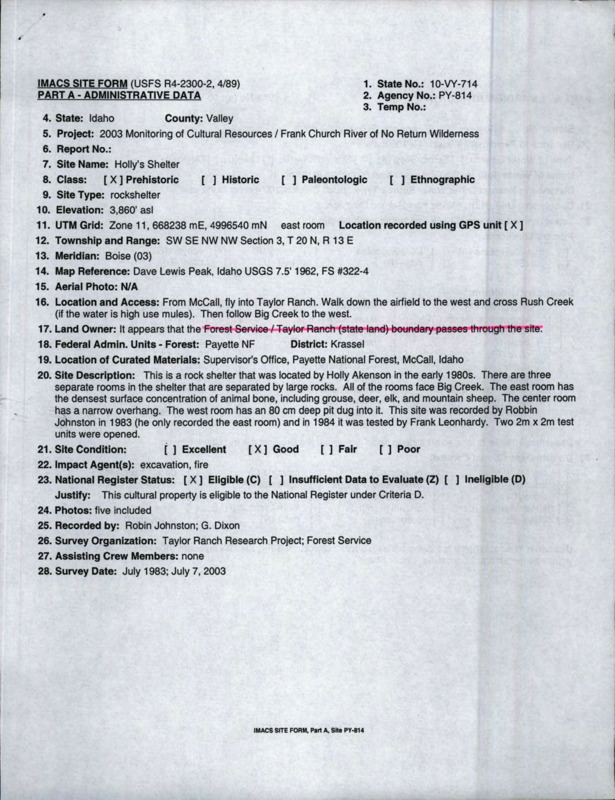 An Intermountain Antiquities Computer System (IMACS) site form for an archaeological site found on Taylor Ranch property.