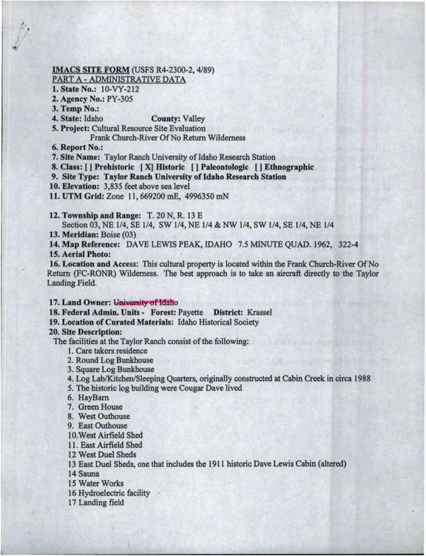 An Intermountain Antiquities Computer System (IMACS) site form for a historic building found on Taylor Ranch property.