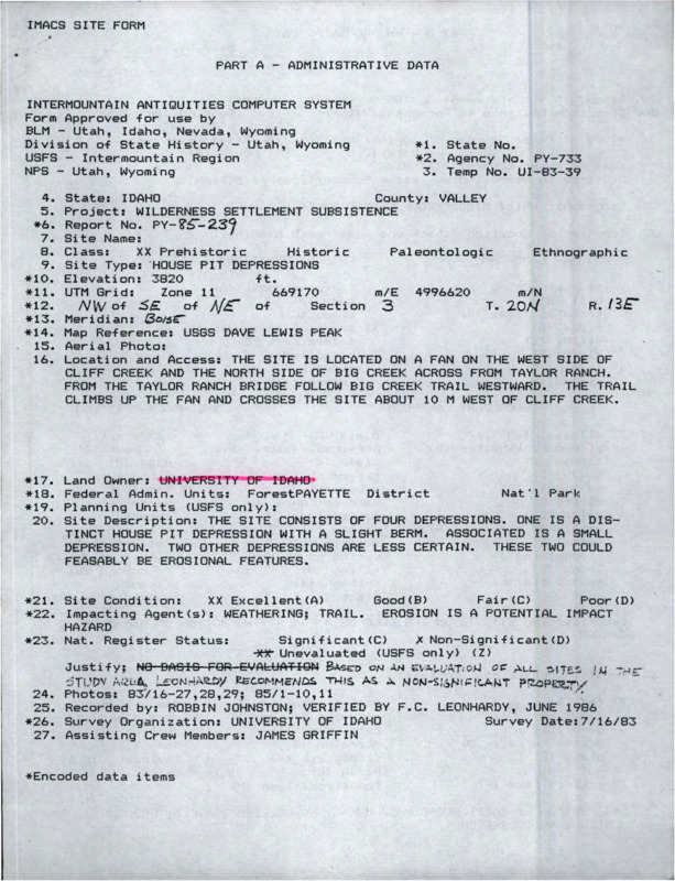 An Intermountain Antiquities Computer System (IMACS) site form for an archaeological site found on Taylor Ranch property.