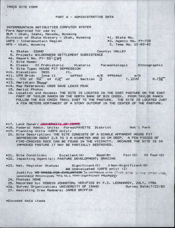 An Intermountain Antiquities Computer System (IMACS) site form for an archaeological site found on Taylor Ranch property.