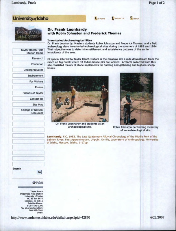 A screenshot of a University of Idaho Taylor Ranch Research Station web page on Dr. Frank Leonhardy.