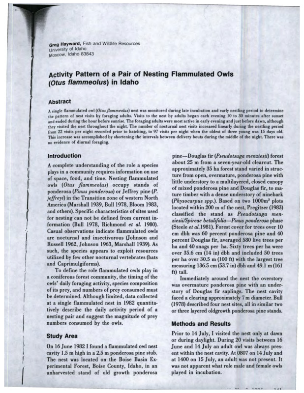 A research publication on the activity patterns of a pair of nesting flammulated owls on the Boise Basin Experimental Forest, Idaho.