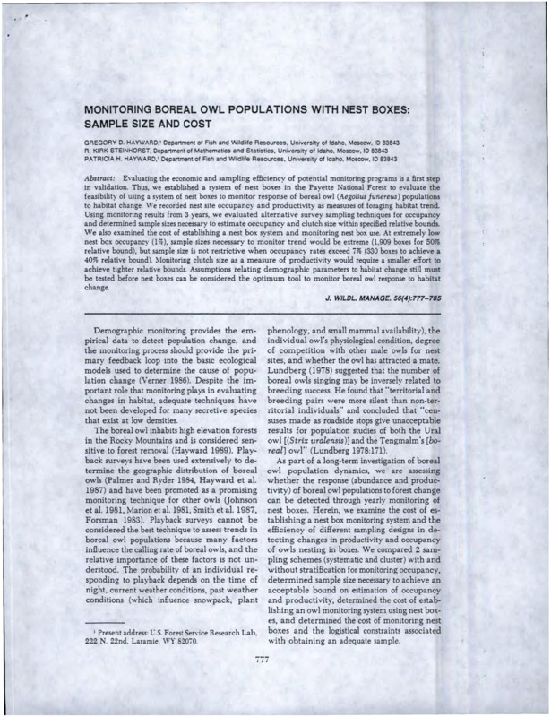 A research publication for a study done using nest boxes on boreal owl populations on the Payette National Forest, Idaho.