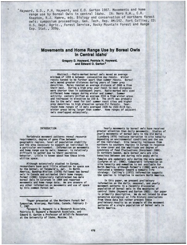 A research report for the findings of a study on boreal owl movements and home range use in Central Idaho.