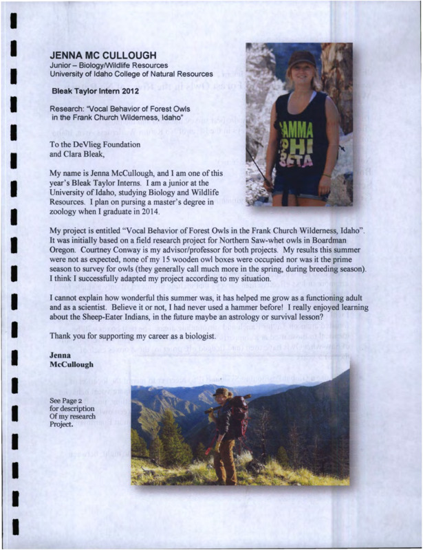 A letter to the DeVlieg Foundation and Clara Bleak from a Taylor Ranch student intern. Attached is a summary of the student's research on the vocal behavior of forest owls and a slideshow presentation.