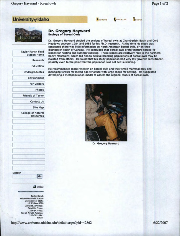 A screenshot of a University of Idaho Taylor Ranch Research Station web page on Dr. Gregory Hayward and his research on the ecology of boreal owls.