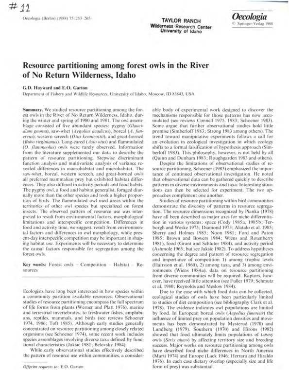 A published research report for a study on resource partitioning among forest owls in the River of No Return Wilderness, Idaho.