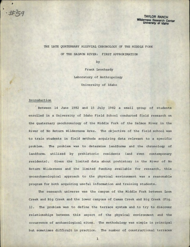 A report of the findings of field research done by students on the quaternary geochronology of the Middle Fork of the Salmon River, River of No Return Wilderness, Idaho.