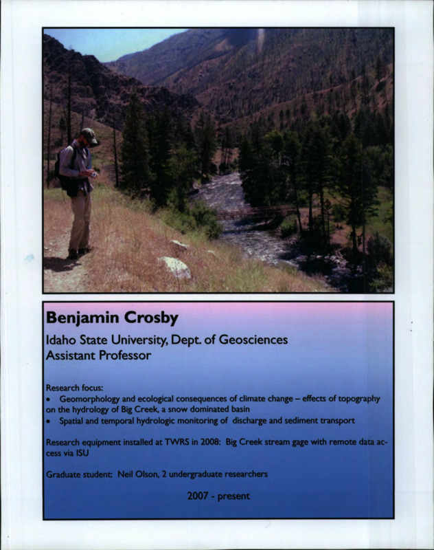 A page containing information on Benjamin Crosby, an assistant professor at Idaho State University's Dept. of Geosciences, and his research.