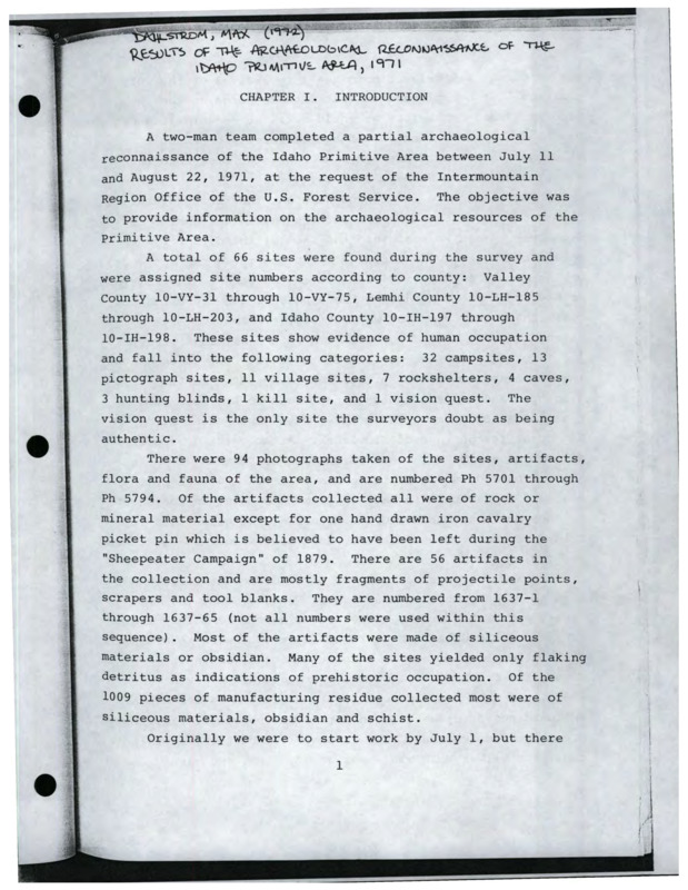 The first chapter of an extensive report on the results of the 1971 archaeological reconnaissance of the Idaho Primitive Area.