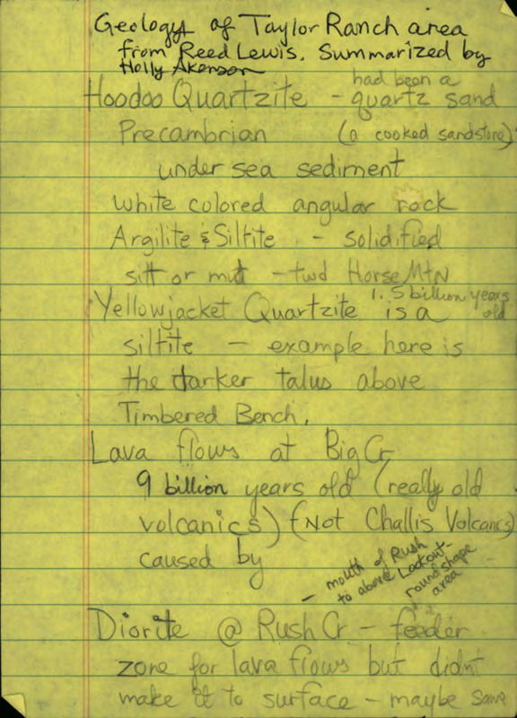 Handwritten research notes on the geology of the Taylor Ranch area, on the River of No Return Wilderness, Idaho.