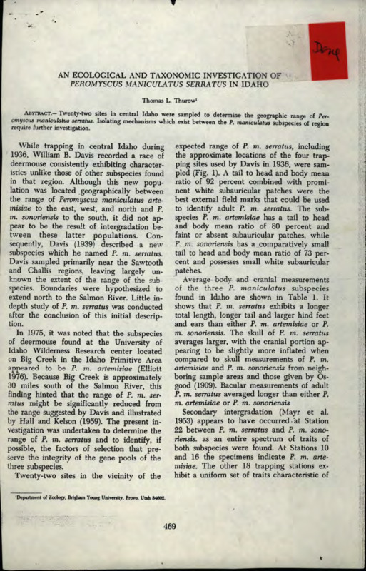 A published research report on the ecology and taxonomy of Peromyscus maniculatus serratus, a type of deer mouse, in Idaho.