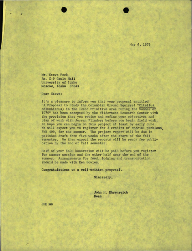 A letter attached to a research proposal to study Columbian ground squirrels, letting the author of the proposal know that it has been accepted for funding.