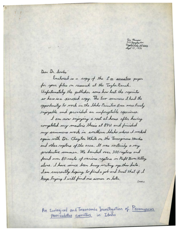 A handwritten letter from Tom Thurow to Dr. Sowles at the University of Idaho regarding Thurow's paper on P. maniculatus serratus and how he is doing more generally.