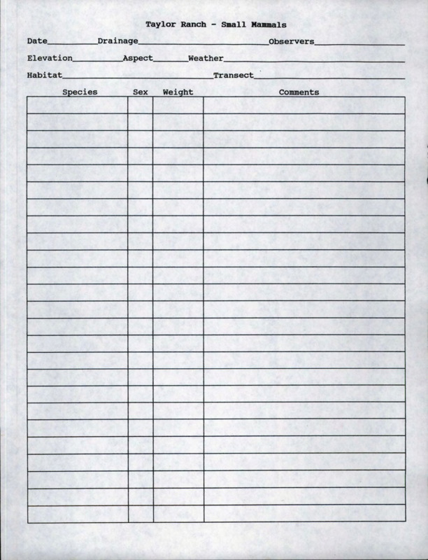 Multiple blank copies of two different types of form, observation and monitoring, for field research of small mammals.