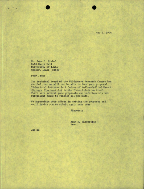 A letter attached to a research proposal to study yellow-bellied marmots, letting the author of the proposal know that it has not been accepted for funding.