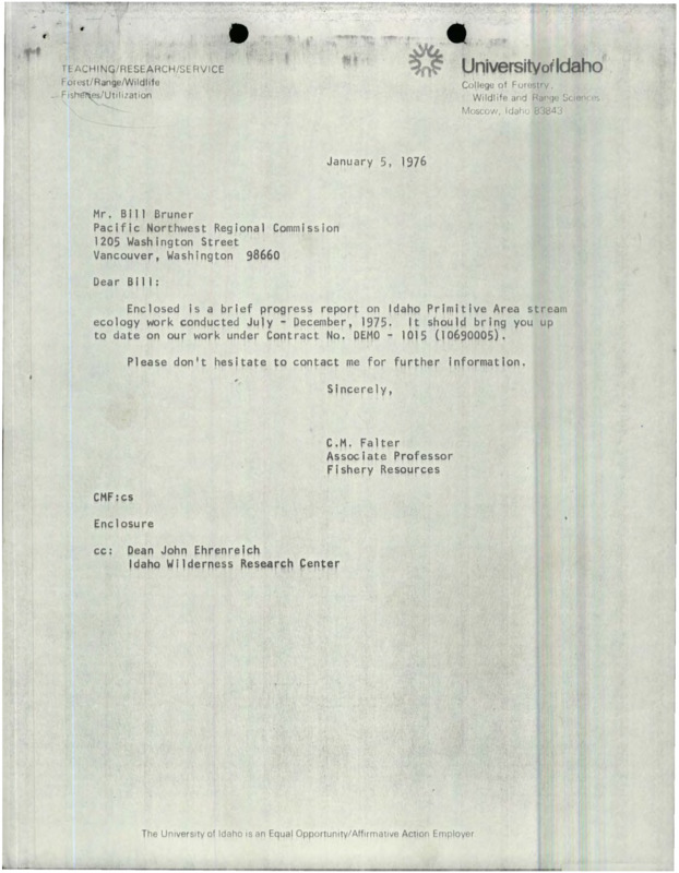 A progress report on aquatic ecology research done July - December, 1975, in the River of No Return Wilderness, Idaho.