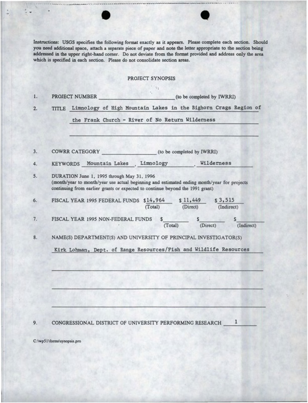 Limnology of High Mountain Lakes in the Bighorn Crags Region of the ...