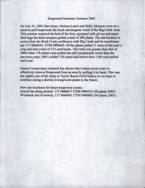 Overviews of the knapweed removal project as well as various maps and charts depicting where the knapweed was pulled and how much.