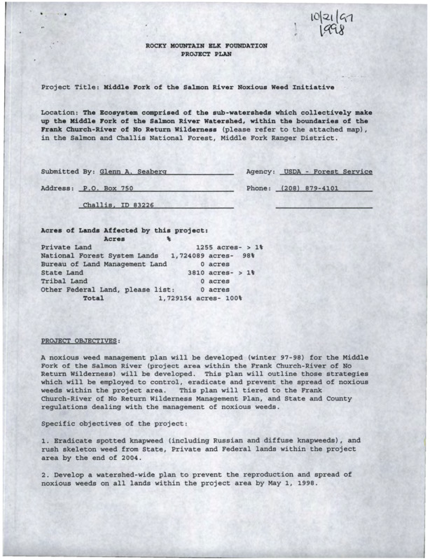 A project plan for the management of noxious weeds on the Middle Fork of the Salmon River, Idaho.