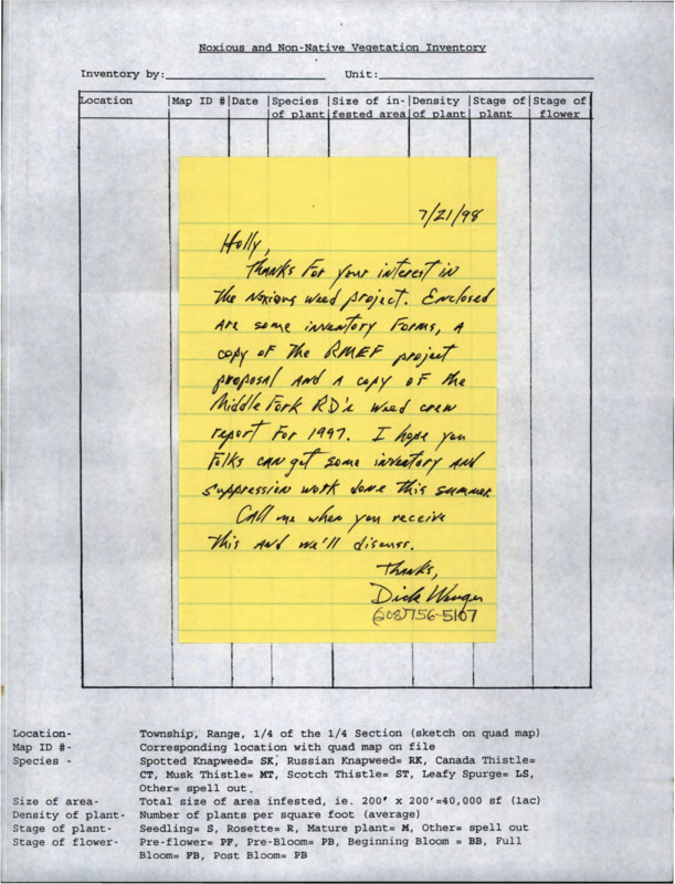 A note from Dick Wenger to Holly Akenson thanking her for her interest in the noxious weed project. Attached are several blank noxious and non-native vegetation inventory forms.