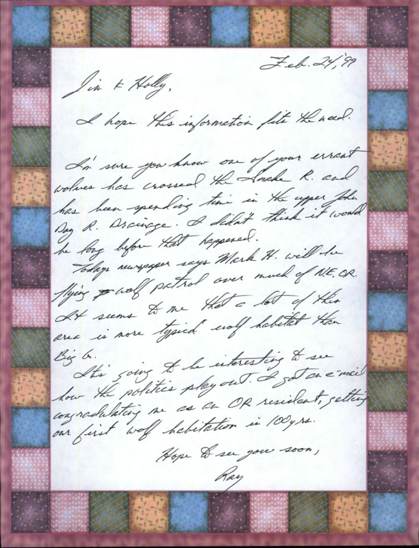 A letter to Jim and Holly Akenson from someone named Ray, commenting on a wolf making its way from Idaho to Oregon.