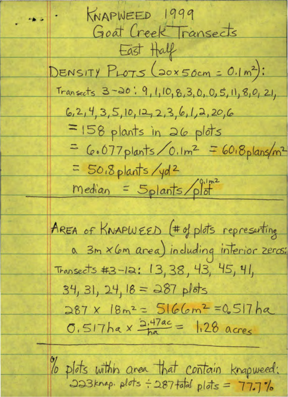 Various data on the density of knapweed plots on Goat Creek, near the Taylor Ranch Field Station.