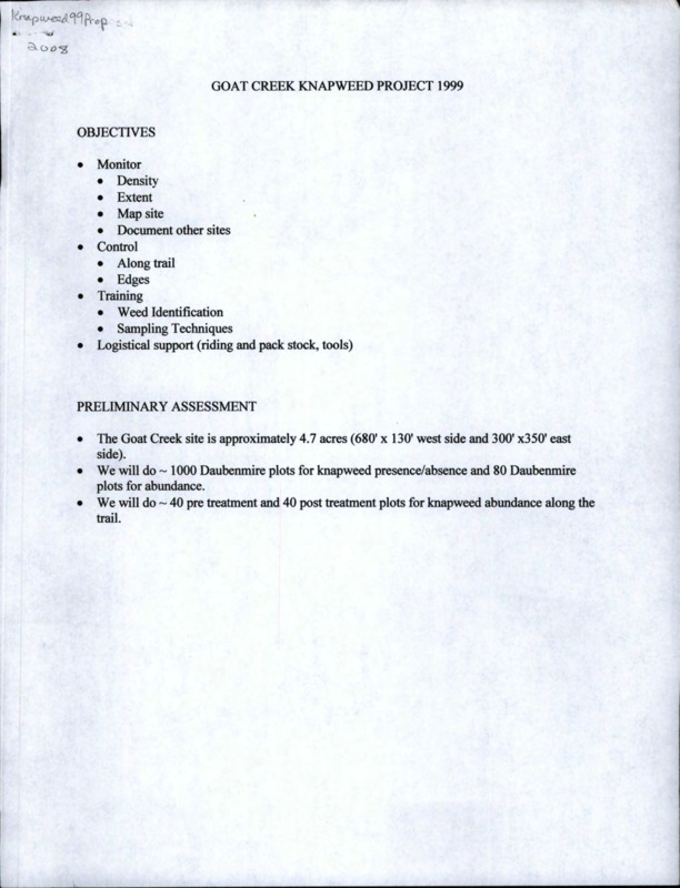 An overview of the plans and objectives for the Goat Creek knapweed removal project in 1999.