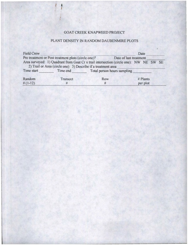 Multiple blank forms for information regarding plant density in random Daubenmire plots for the Goat Creek knapweed project.