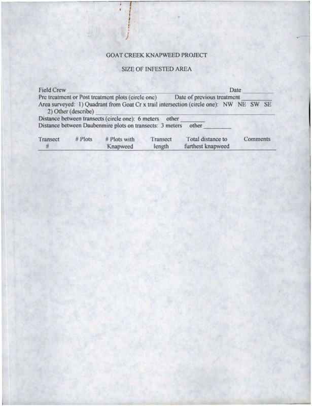 Multiple blank forms for information regarding size of infested area for the Goat Creek knapweed project.