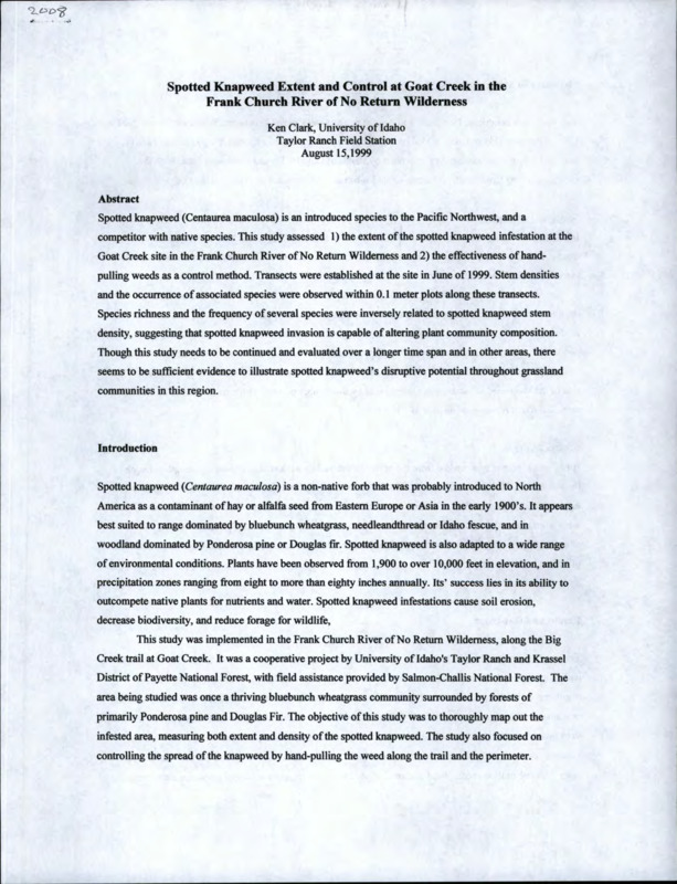 A final draft report on the results of a study on the extent of a Knapweed infestation on Goat Creek in the River of No Return Wilderness, Idaho.