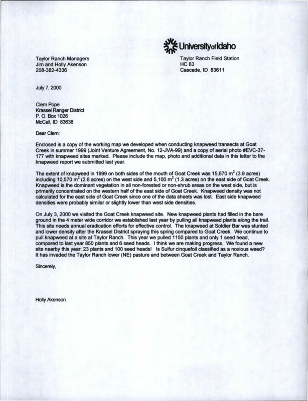 A letter from Holly Akenson to Clem Pope regarding the 1999 knapweed project and the work done subsequently in 2000.