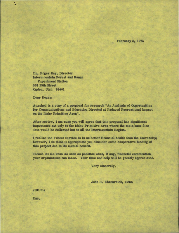 Three letters from John H. Ehrenreich, one each to Dr. Roger Bay (Intermountain Forest and Range), Steve Yurich (USDA Forest Service), and Vernon O. Hamre (USDA Forest Service), about a research proposal.