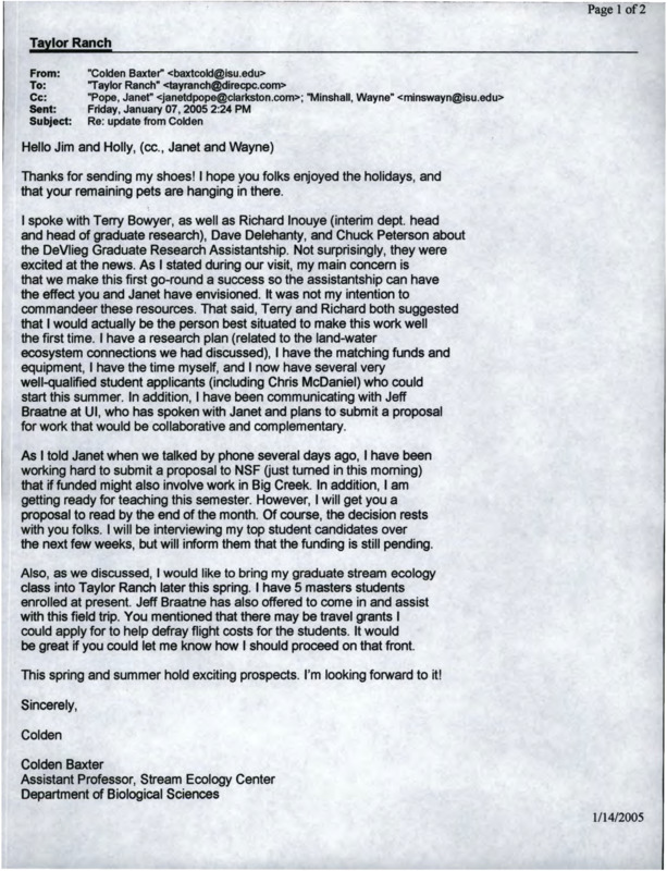 Four email correspondence chains; two between Colden Baxter (Idaho State University) and Taylor Ranch, one between Kathy Kavanagh (University of Idaho) and Taylor Ranch, and one between Jeff Braatne (University of Idaho) and Taylor Ranch, about a visit to Flathead Lake Biological Station.