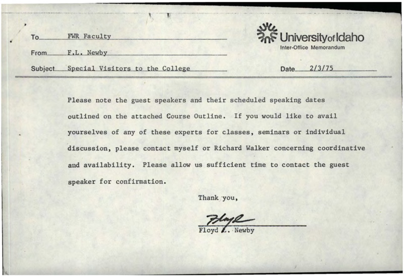 A memorandum from F.L. Newby to FWR Faculty, the course outline for FWR 404.04 (Wilderness Management), a letter from Kenneth B. Platt to John Ehrenreich, a copy of "The Wilderness Concept in Outdoor Recreation" by Kenneth B. Platt, a copy of "Some Conservation Facts and Fallacies" by Kenneth B. Platt, a letter from John H. Ehrenreich to Kenneth B. Platt, a note from Kenneth B.Platt to Dean, and a letter to the Lewiston Tribune, Boise Statesman, and Daily Idahonian editors from Kenneth B. Platt.