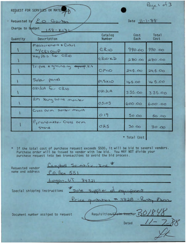 A request for services or materials made by E.O. Garton to Campbell Scientific, Inc.