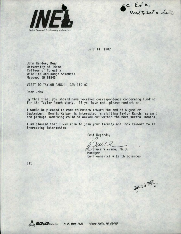 A letter from Bruce Wiersma to John Hendee about a visit to Taylor Ranch, a letter from Ann Rydalch to G.R. Reynolds about a proposal for research services, the scope of work for the subcontractor's assistance to Ed Krympe, and a memorandum from Ed Krumpe to Dean Hendee about a proposal.