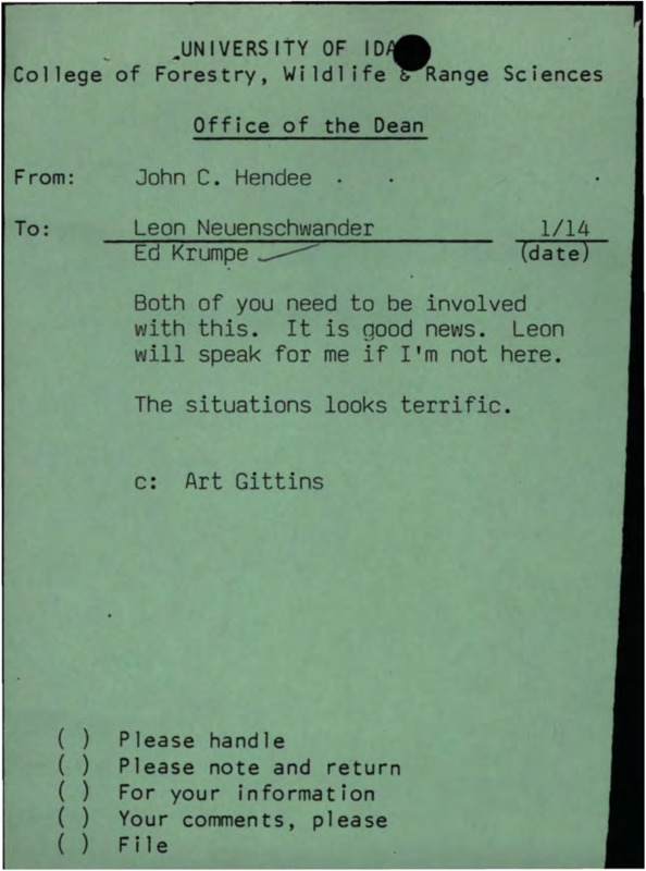 A note from John C. Hendee to Leon Neuenschwander and Ed Krumpe and a letter from G. Bruce Wiersma to John C. Hendee about a draft plan about environmental monitoring at Taylor Ranch.