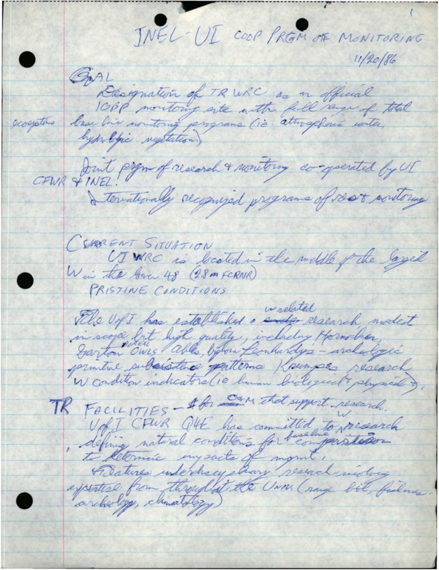 Handwritten notes about the INEL-UI Cooperative Program Monitoring, including goals, the current situation, facilities, assumptions about the future, and plans.